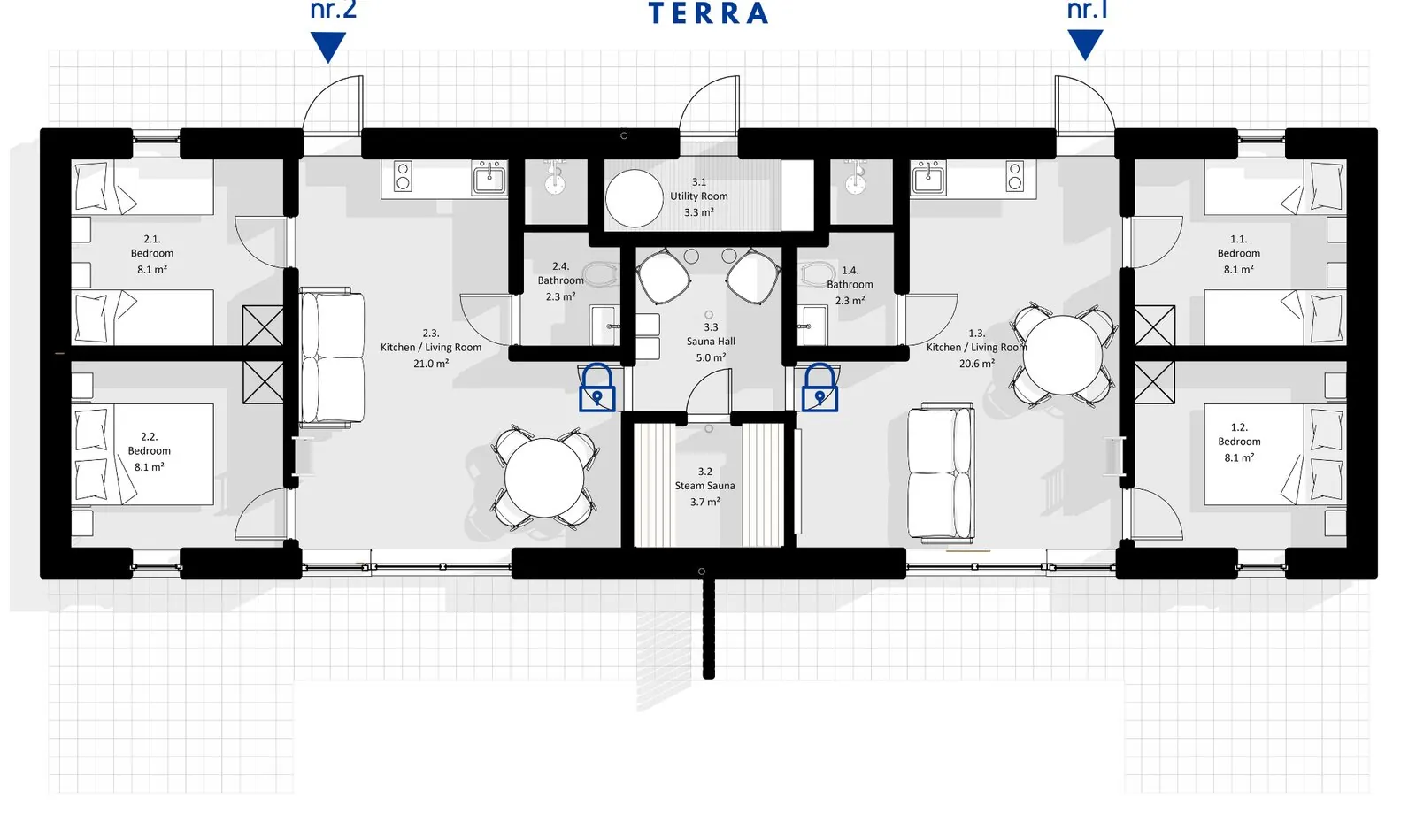 Floor plan of Terra House: two mirrored apartments